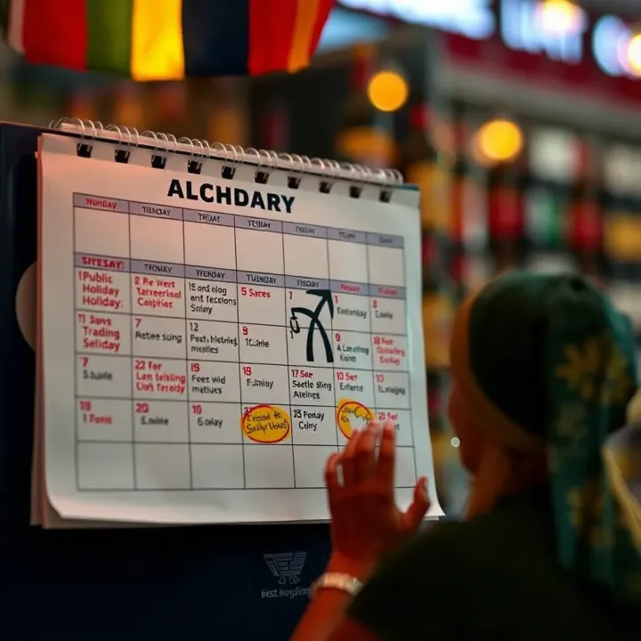 Calendar marked with public holidays and a power outage symbol illustrating impact on alcohol sales