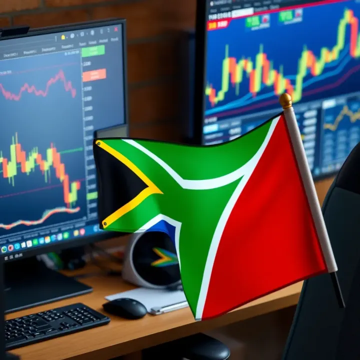Desktop setup featuring multiple screens with forex trading graphs and South African flag