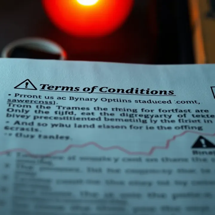 Conceptual graphic of contract terms and conditions with warning symbol and financial icons