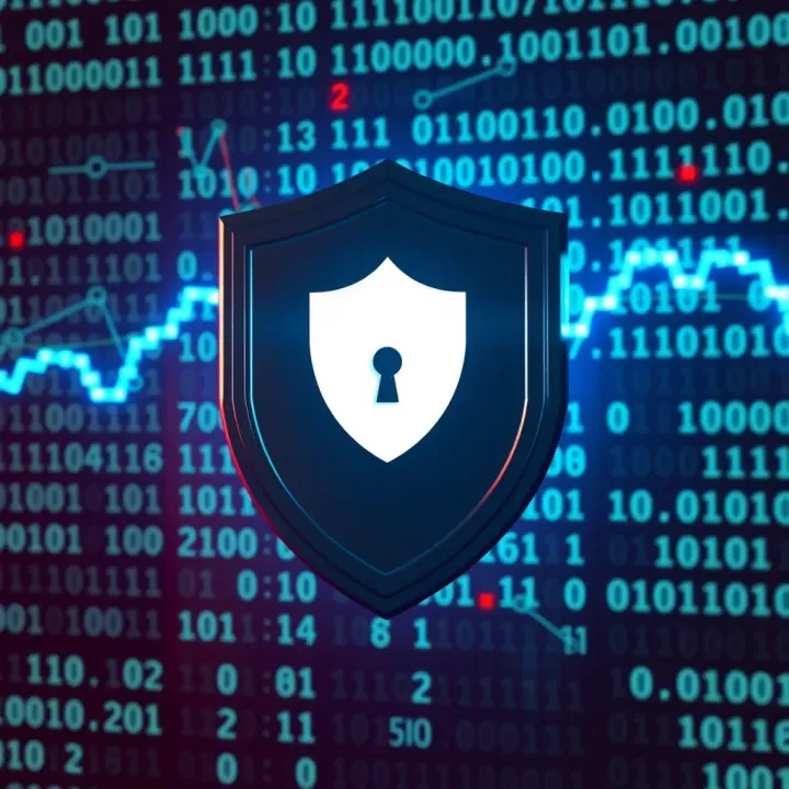Visual representation of security shield with binary code background symbolizing regulatory protection and risk management