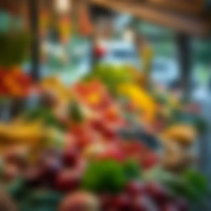 Fresh assortment of colorful fruits and vegetables displayed at an outdoor market stall in a local park
