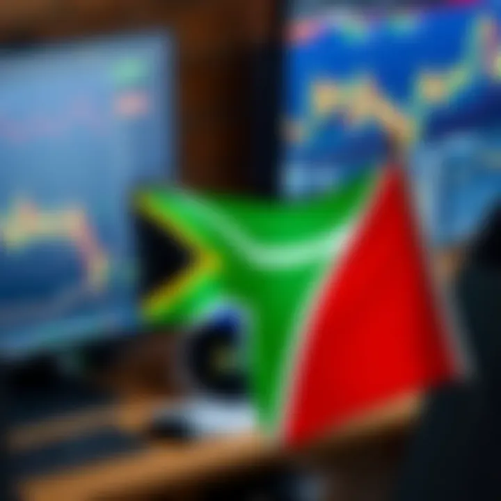 Desktop setup featuring multiple screens with forex trading graphs and South African flag