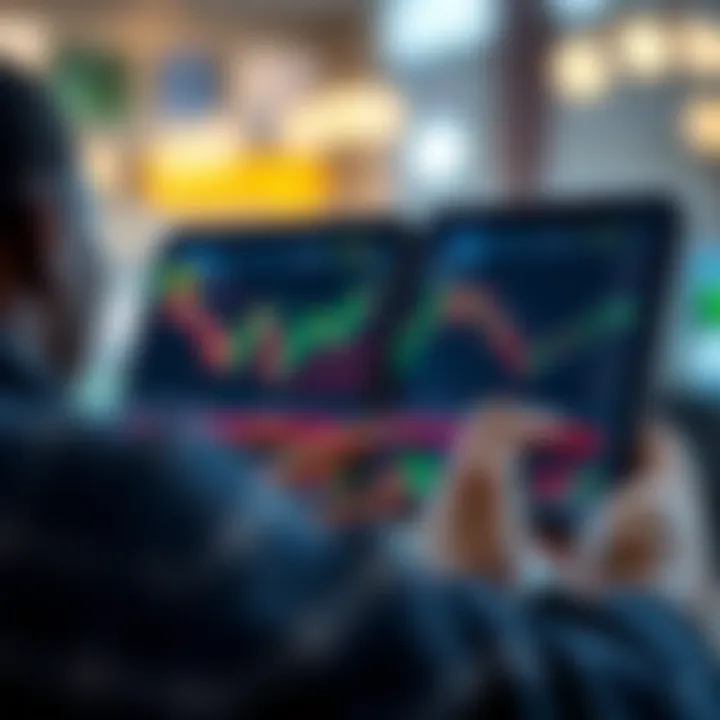 User interacting with a mobile trading platform showing stock charts and market data relevant to South African investors