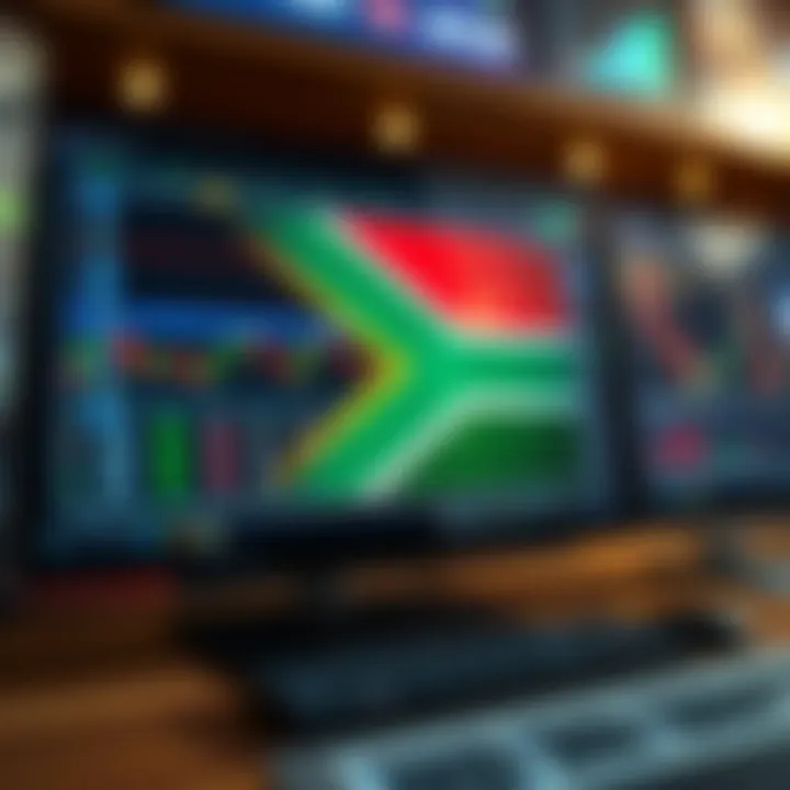 Digital Trading Platforms and South African Market Context South African flag overlay with digital trading charts on a computer screen depicting binary options trading
