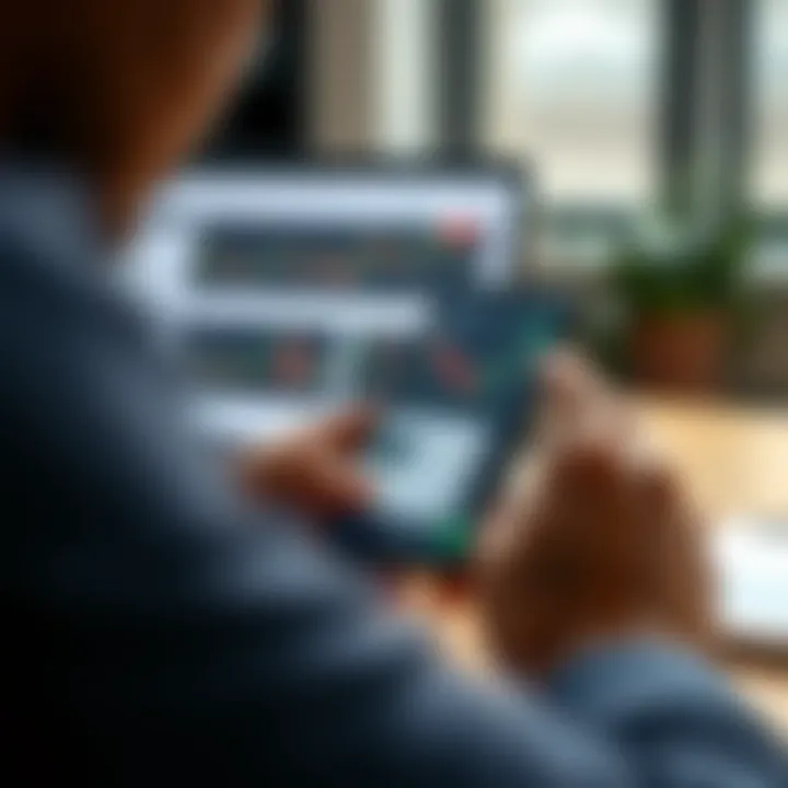 User navigating a forex trading app interface on a mobile device with charts and trading options visible