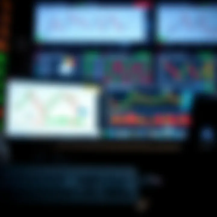 Digital workspace displaying forex trading tools, risk management icons, and strategy diagrams