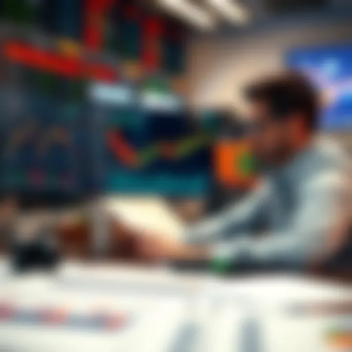 Illustration of a trader analyzing data with charts, risk management tools, and psychological insights