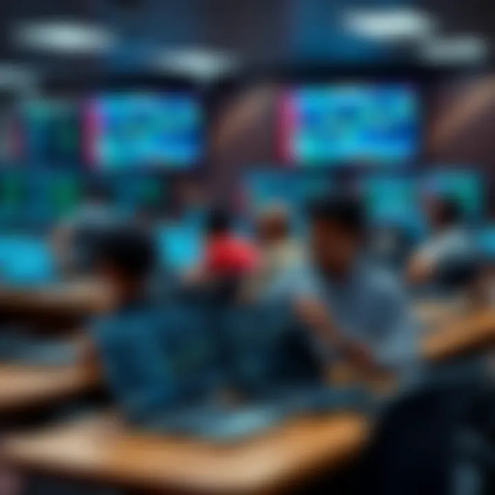 Classroom setting with students learning forex trading concepts on laptops