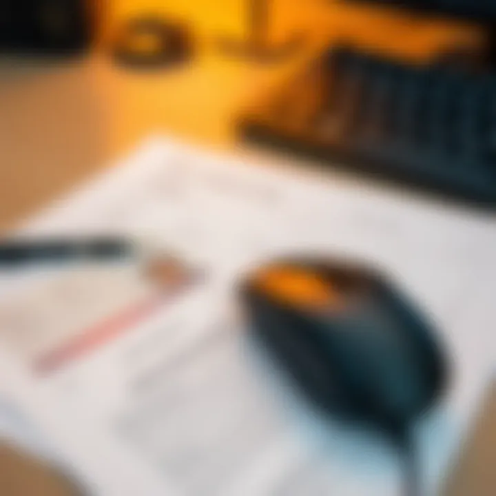 Documents including identification and proof of address alongside a computer mouse and keyboard