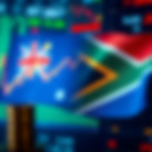 Australian and South African flags with forex trading charts and currency symbols
