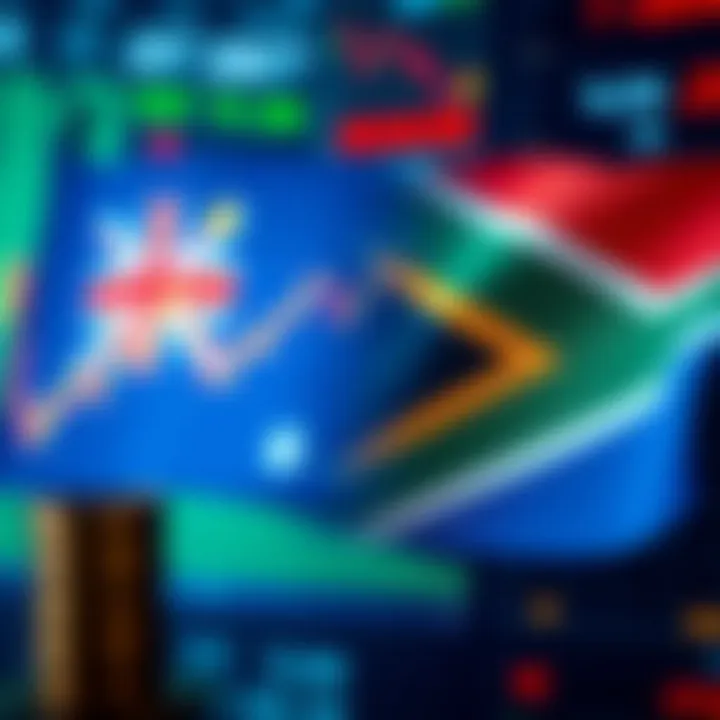 Australian and South African flags with forex trading charts and currency symbols