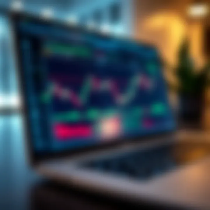 Close-up of a laptop screen showing a forex trading platform with currency charts and data