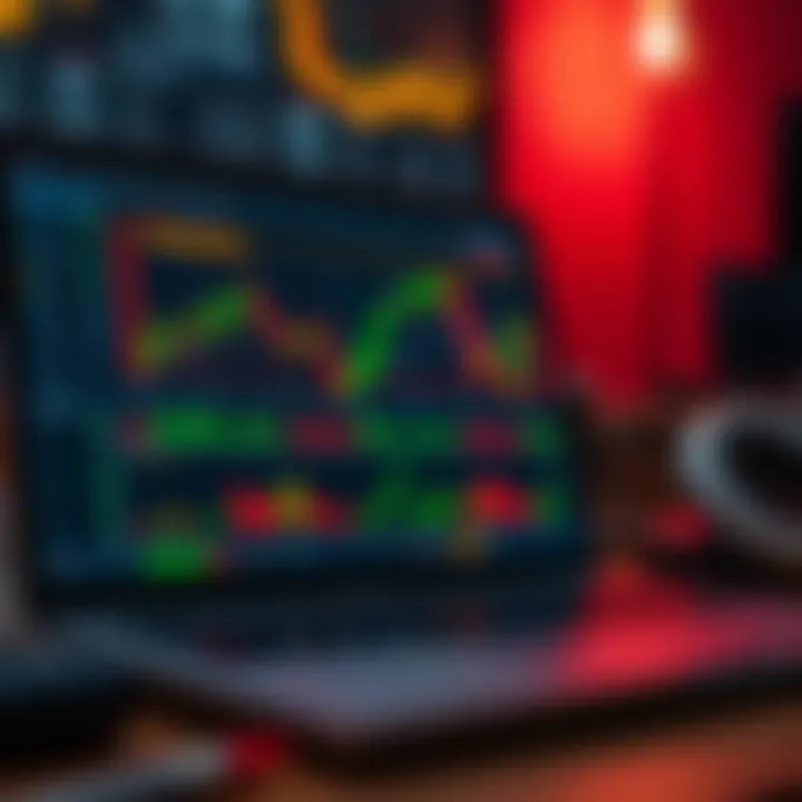 Laptop displaying forex trading platform with candlestick charts and market indicators