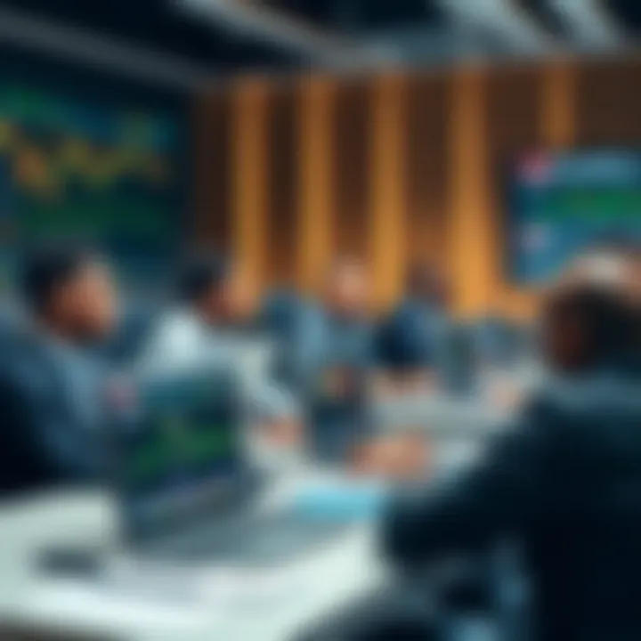 Classroom setting with students learning forex trading concepts on laptops