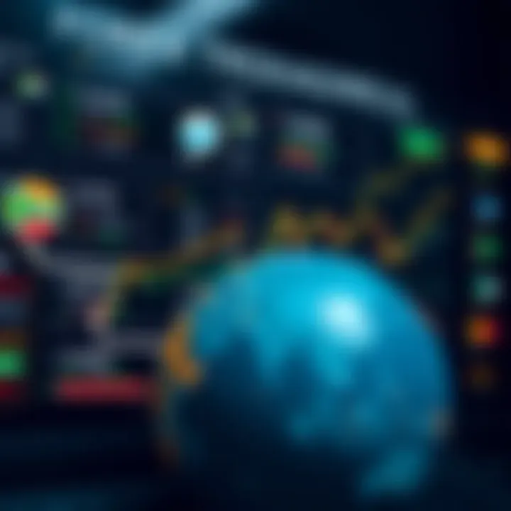 Illustration of a digital forex trading school interface with educational modules and a globe representing South Africa