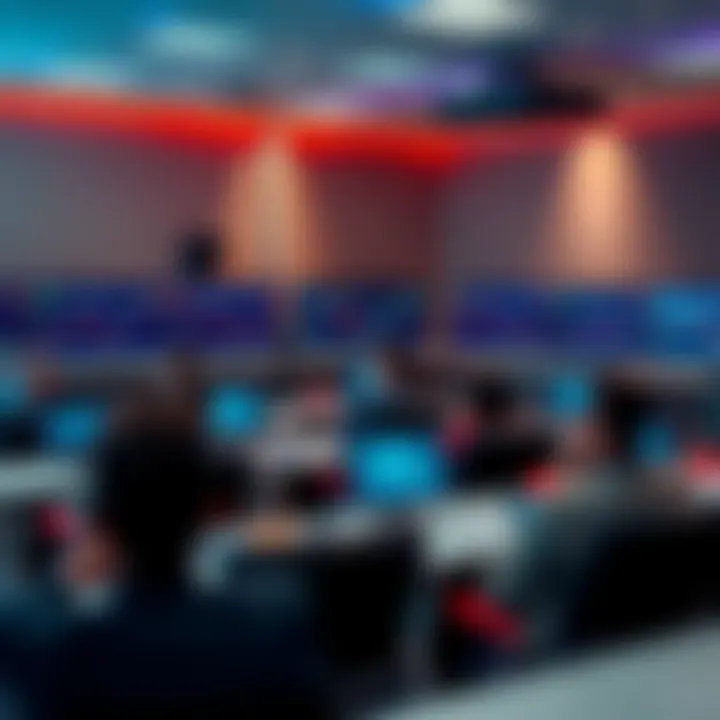 A modern classroom setting with a forex trading course being taught on multiple screens showing currency charts