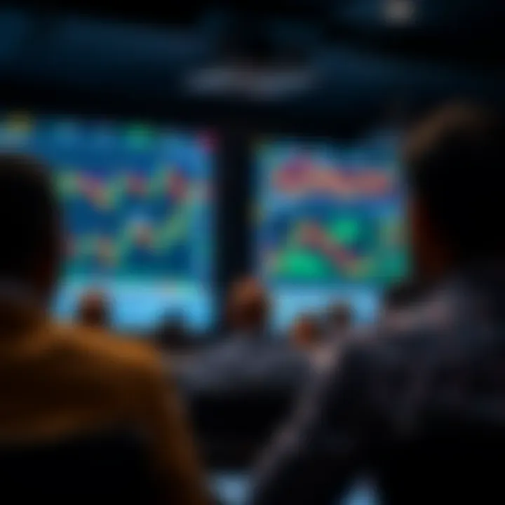 Attendees engaged in a forex trading seminar with charts and graphs displayed on a large screen
