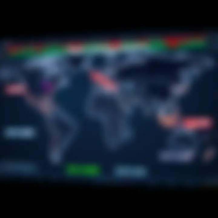 World map highlighting major forex trading centers with their respective session times