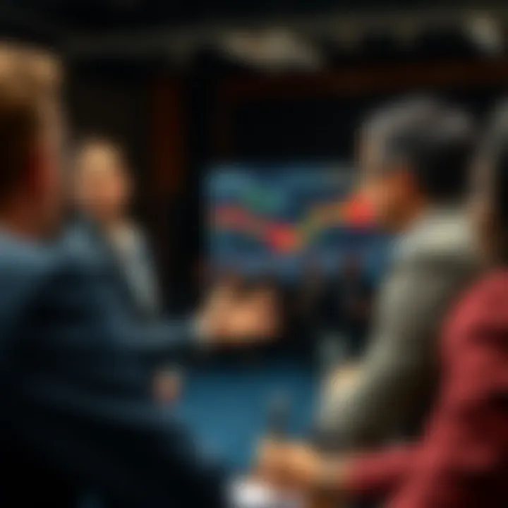 Instructor explaining foreign exchange market strategies to seminar participants using a digital presentation