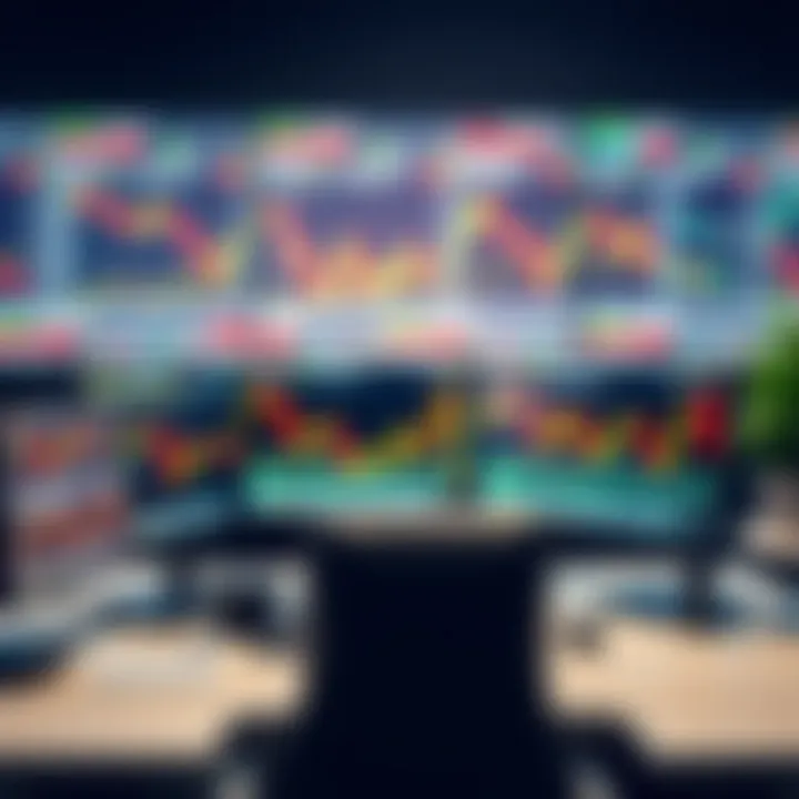 A modern trading desk featuring multiple monitors displaying forex charts and a vibrant wallpaper designed for focus