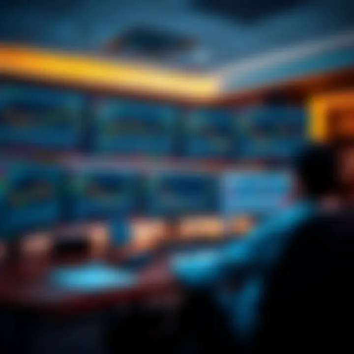 Calm workspace featuring multiple screens with forex graphs and market data visualization