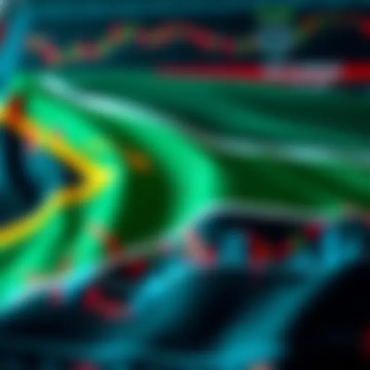 South African flag with currency symbols and forex trading graphs