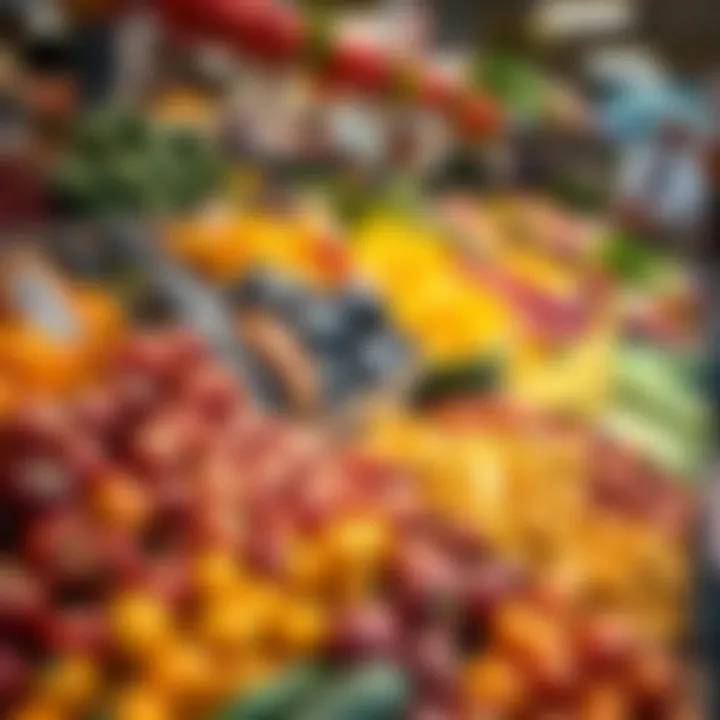 Fresh variety of colorful fruits and vegetables displayed at Park Meadows market