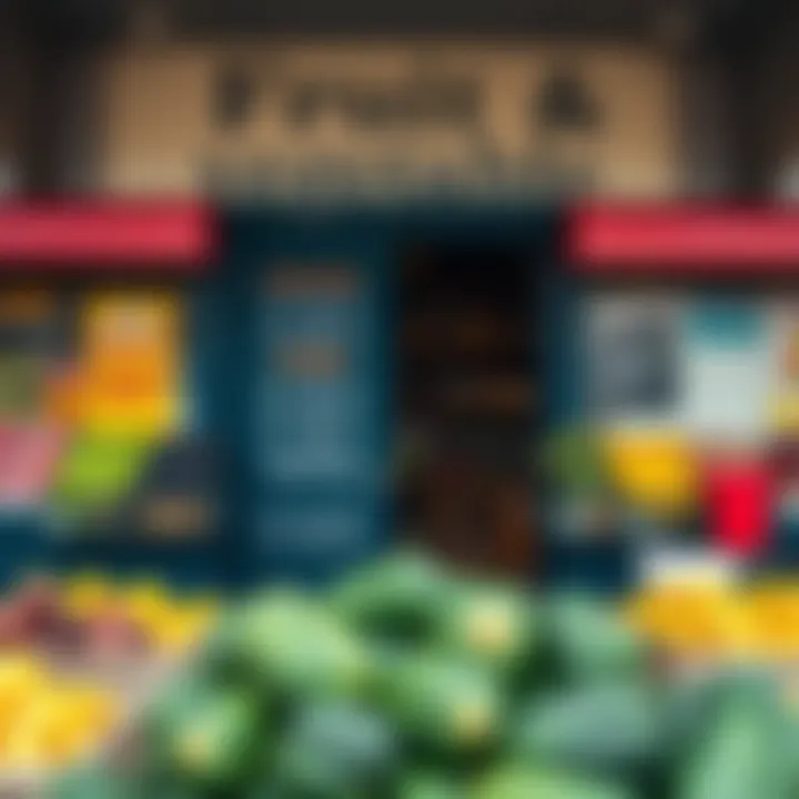 Exterior view of a fruit and vegetable store with clear operating hours shown on the door
