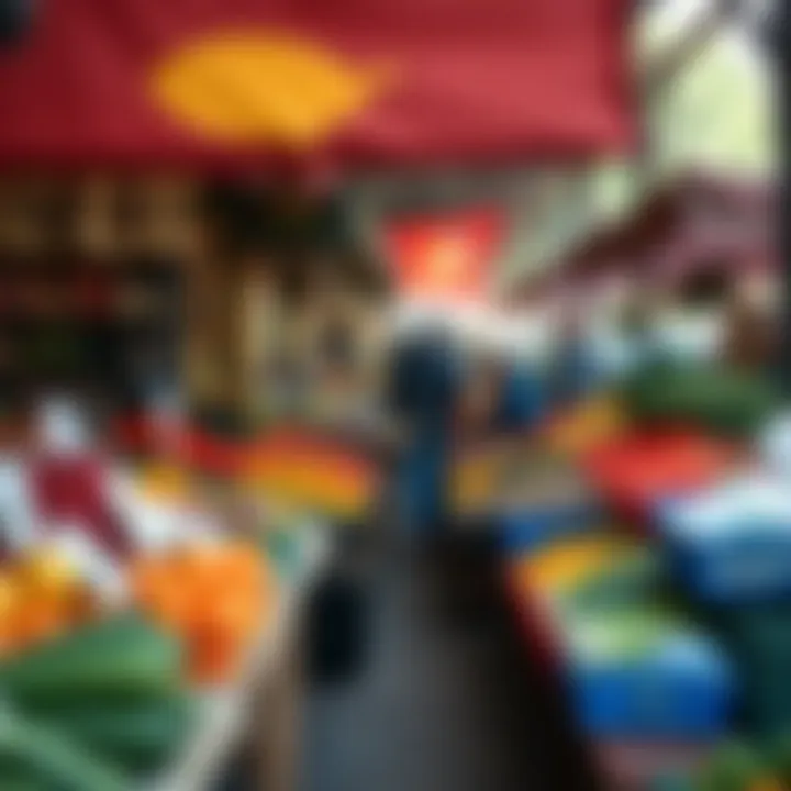Outdoor market setting with colorful stalls and shoppers browsing fresh seasonal fruits and vegetables