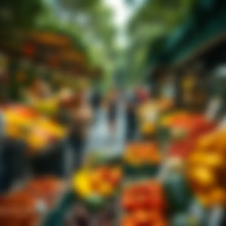 Park visitors browsing vibrant stalls with seasonal fruit and vegetable produce during daylight trading hours