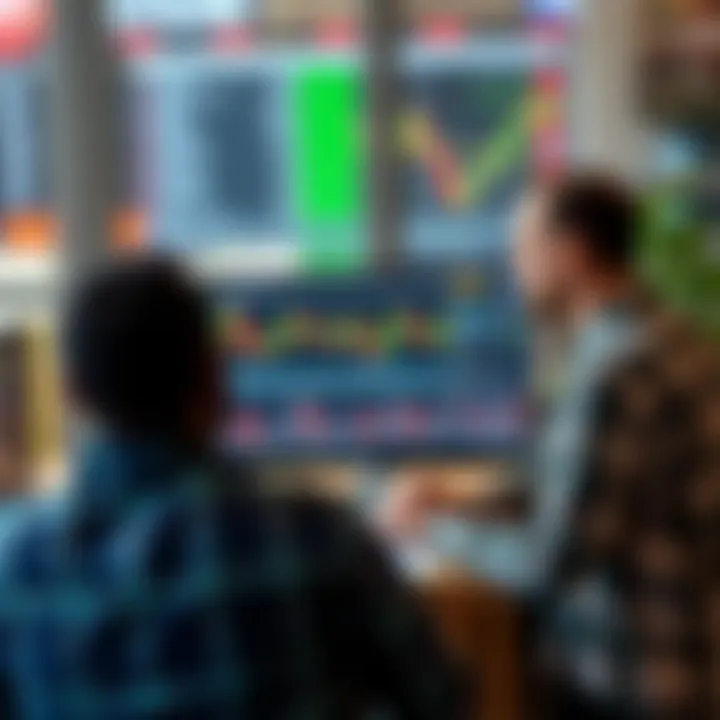 Visual representation of online forex trading community interaction with charts and discussion elements