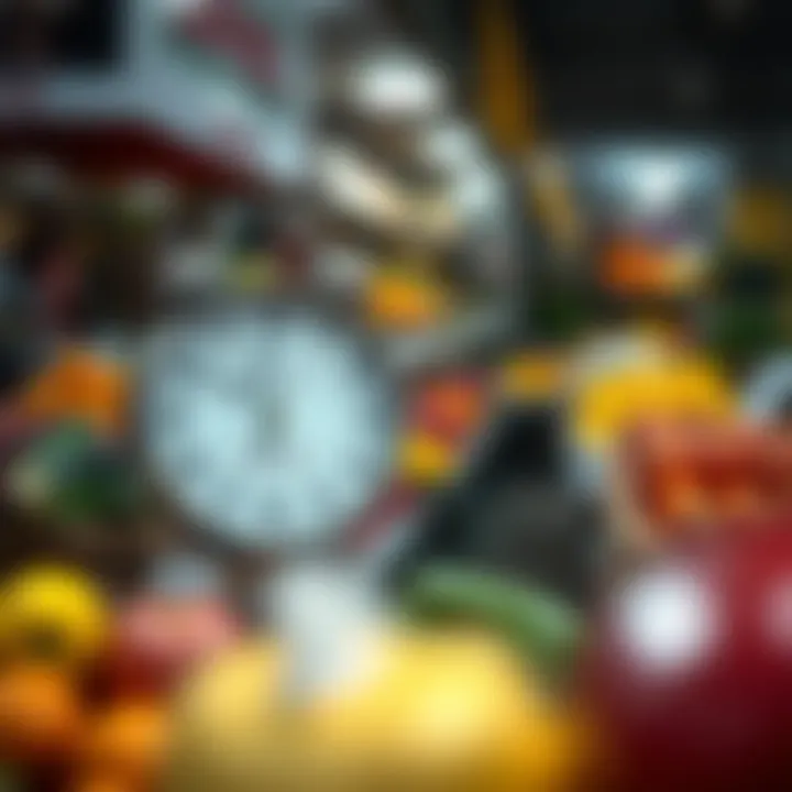 Clock showing typical opening hours with fresh fruits and vegetables in the background