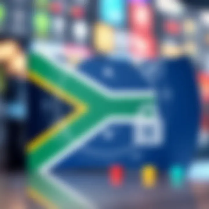 South African Forex Market Features and Security Overview Illustration of South African flag integrated with financial market symbols and security elements