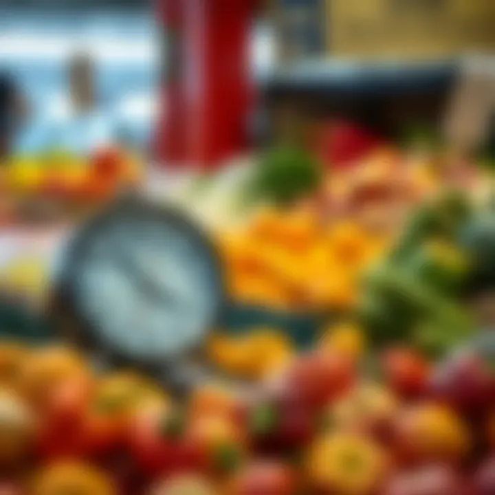 Clock showing typical trading hours with an assortment of seasonal fruits and vegetables in the background