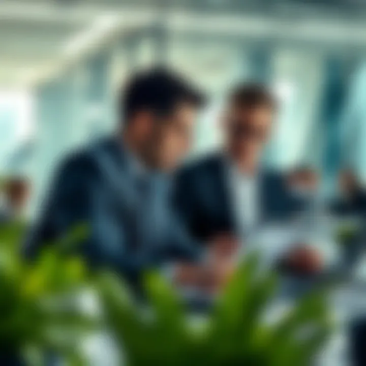 Illustration of business professionals analyzing risk management strategies in a corporate office setting
