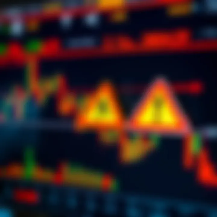 Illustration showing a financial chart with declining trend and warning signs representing risks of binary options fraud