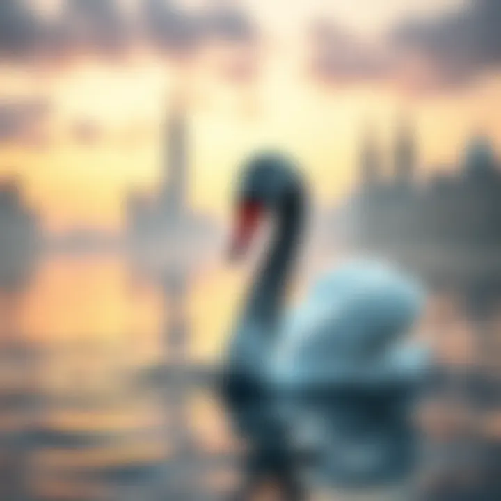 Conceptual graphic showing an unpredictable event disrupting a calm financial landscape symbolizing black swan impact