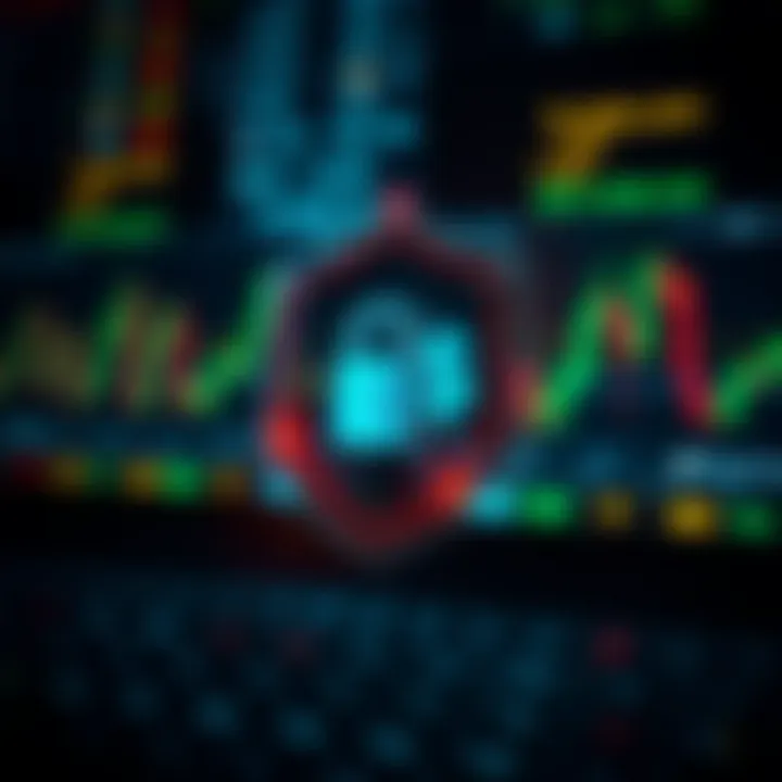 Digital security shield protecting currency symbols and trading charts