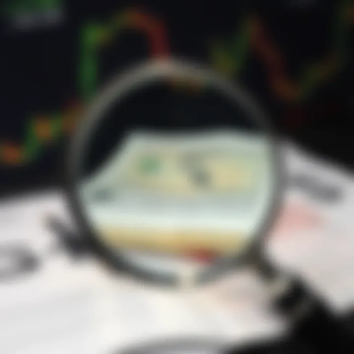 Magnifying glass highlighting suspicious financial documents and currency symbols