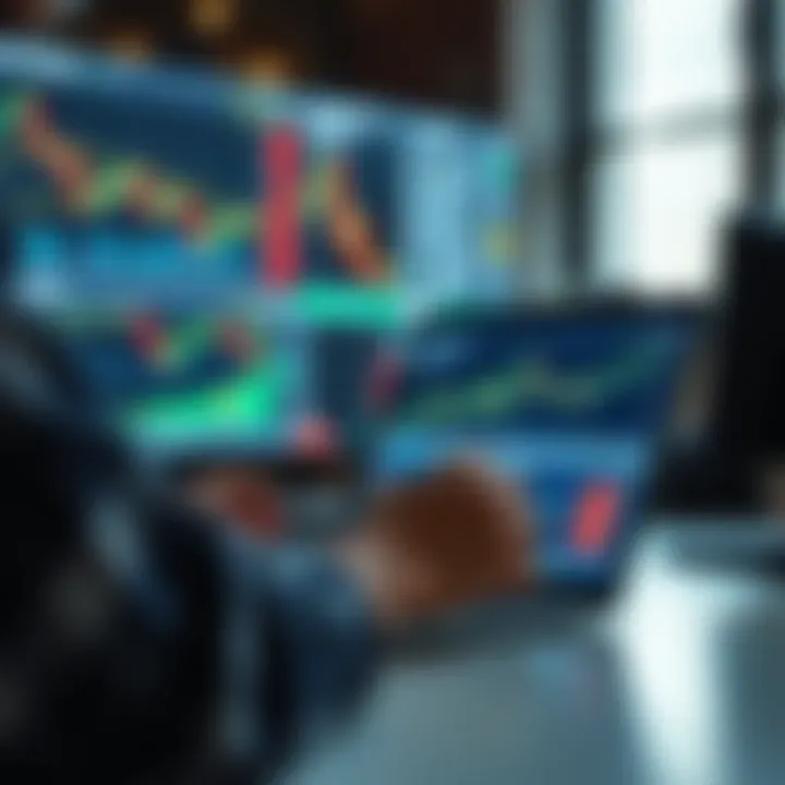 Illustration of a trader using a laptop with charts and indicators depicting market trends in a demo trading environment