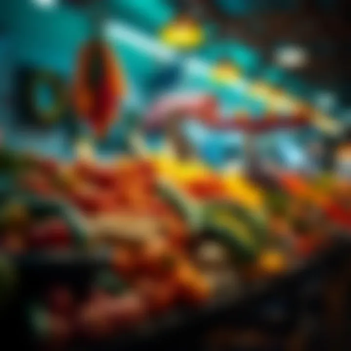 Fresh colorful fruits and vegetables displayed at a market stall during trading hours