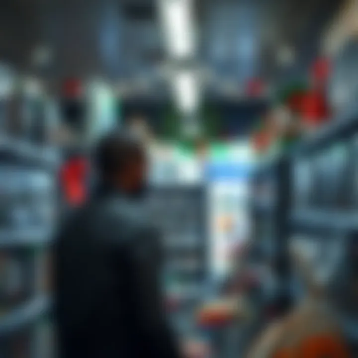 A shopper browsing video game shelves inside a South African game store with seasonal decorations visible