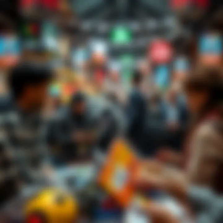 Buyers and sellers exchanging game items in a vibrant market setting