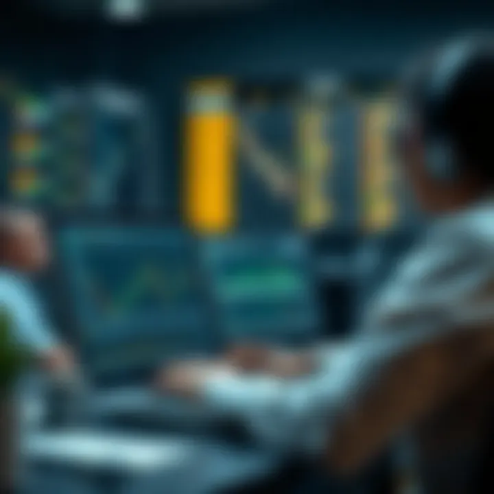 Illustration of a person studying forex trading charts on a laptop