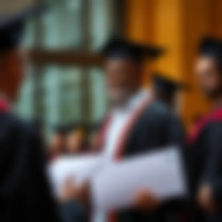 Graduate receiving diploma at ceremony with academic attire