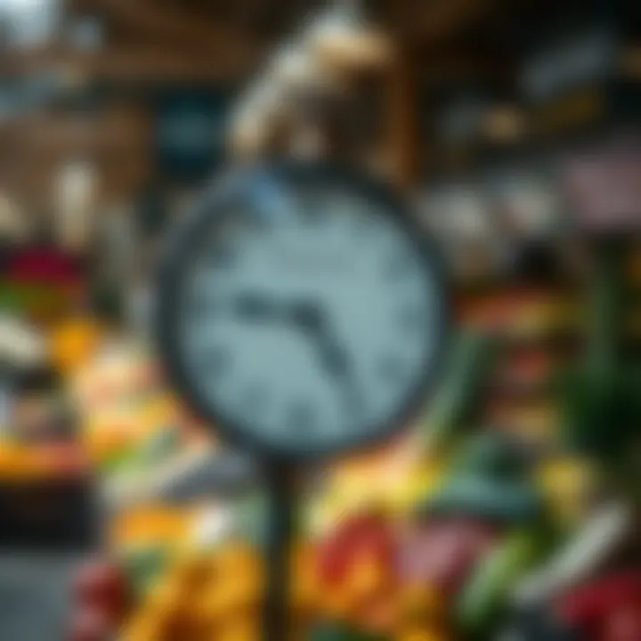 Clock showing typical trading hours with fresh produce stalls in the background