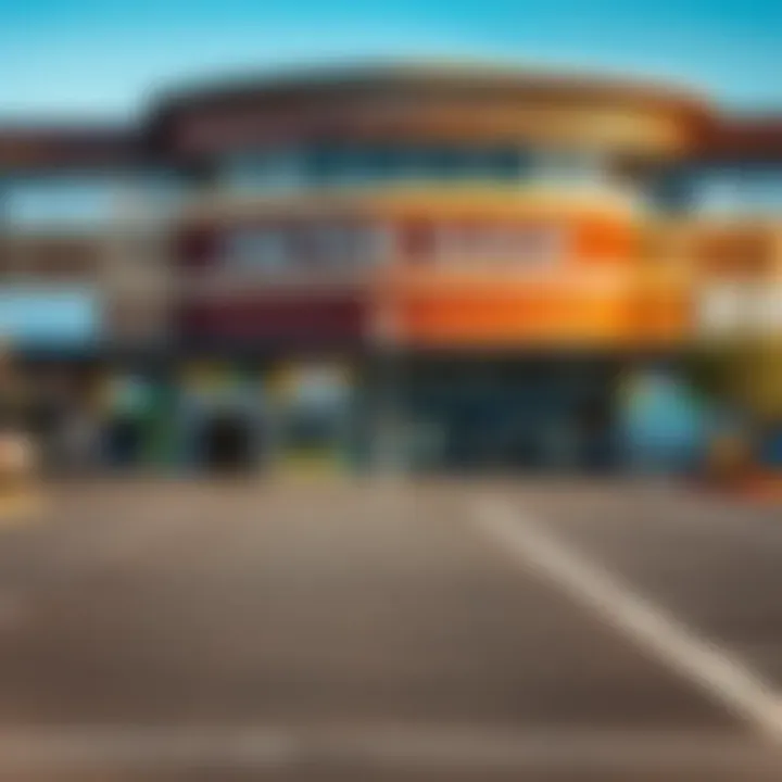 Exterior view of Woodmead Factory Shops showcasing multiple storefronts and ample parking space under clear skies