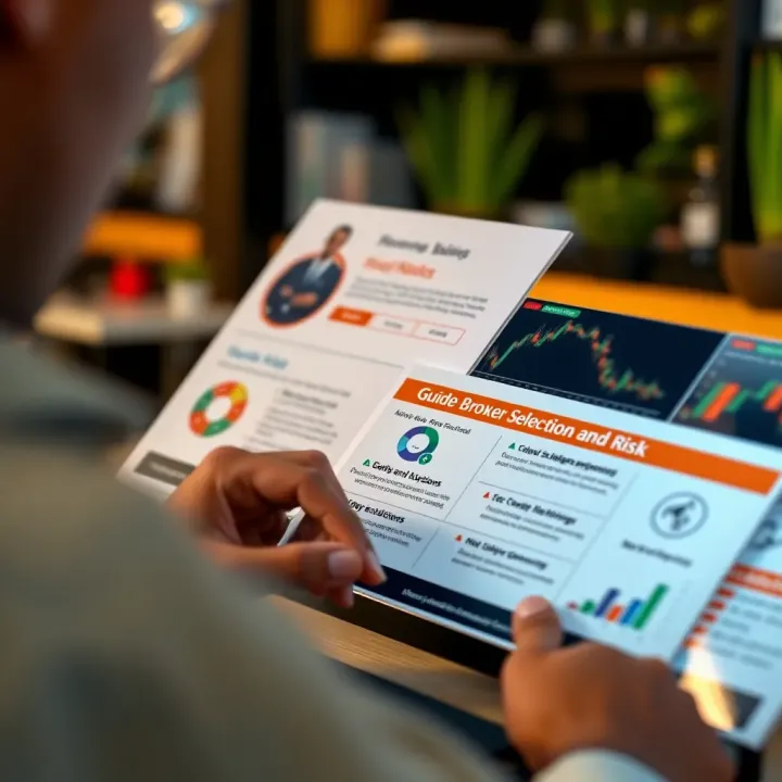 Guide to Broker Selection and Risk Management Visual guide showing tips for choosing brokers and managing risks in low deposit binary options trading