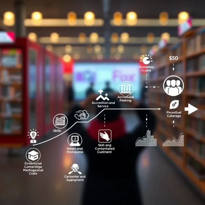 Career Advancement Through Skills and Accreditation in Risk Management Graphic depicting a pathway of career growth in risk management with icons symbolizing skills development, accreditation, and professional advancement