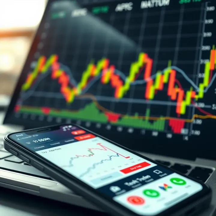 Graph showing stock market trends with a smartphone displaying trading app interface